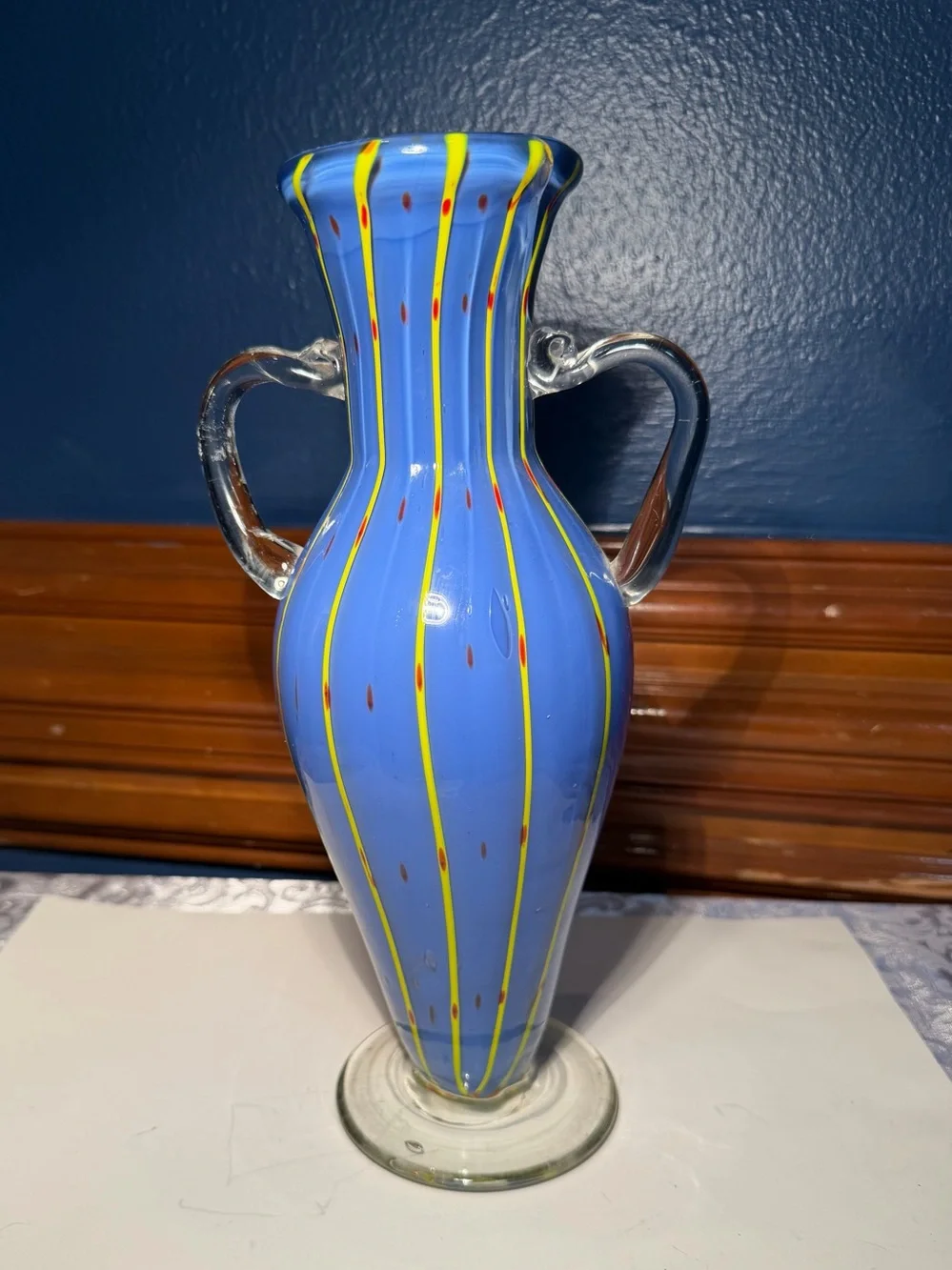 Vibrant Murano Style blue hand-blown art glass vase. Blue Yellow Red Stripes